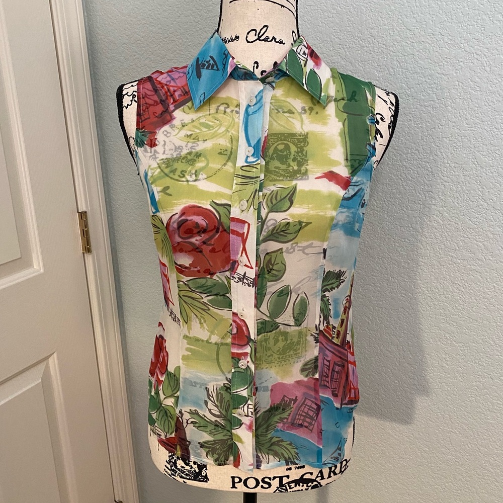 St. John Sport by Marie Gray silk printed sleeveless button down top size P